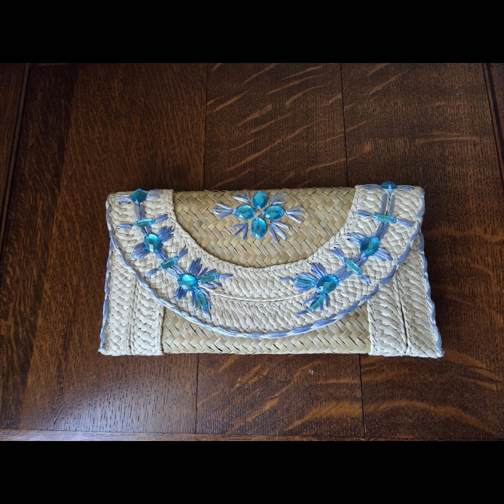 Beautiful Straw Clutch with Blue Embroidered Accents